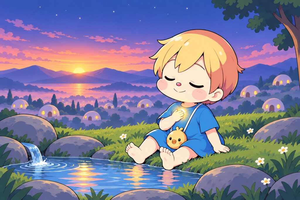 夜明けの丘で、湧き出る泉のほとりに座り、目を閉じて胸に手を当てる男の子。胸と水面に小さな金色の光が灯っている