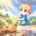 落ち葉をほうきで掃く男の子を、雲間からの光がやさしく照らしている