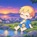夜明けの丘で、湧き出る泉のほとりに座り、目を閉じて胸に手を当てる男の子。胸と水面に小さな金色の光が灯っている