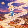 宵の空へ巻き上がる光の螺旋階段を、男の子が一段ずつ昇り、上の金色の光を見上げている。昇ってきた段には金色の足あとが残っている