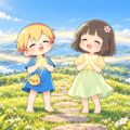 朝の光の丘の上で、ソラトとミソラが胸の前で手を重ねて目を閉じ、感謝の気持ちから広がるやわらかな金色の光が地球の丸い地平線を包んでいる