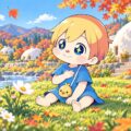 秋の星見野町のドームハウスの庭で、ソラトが胸にそっと手を当て、ゆったりと呼吸しながら開いた花を静かに見つめている
